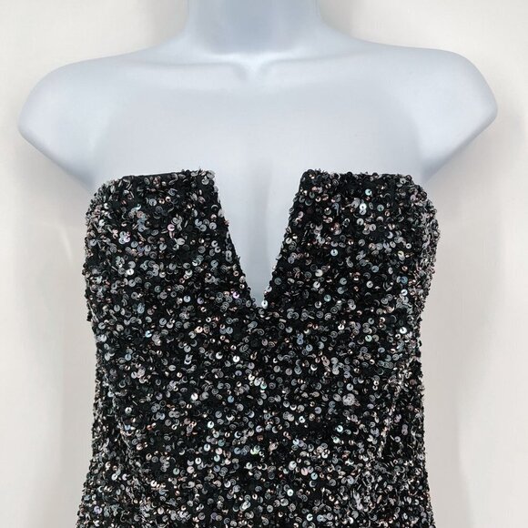 Retrofete Omer Sequin Mini Dress Strapless Asymmetrical Gunmetal Black V-Neck - Picture 11 of 12